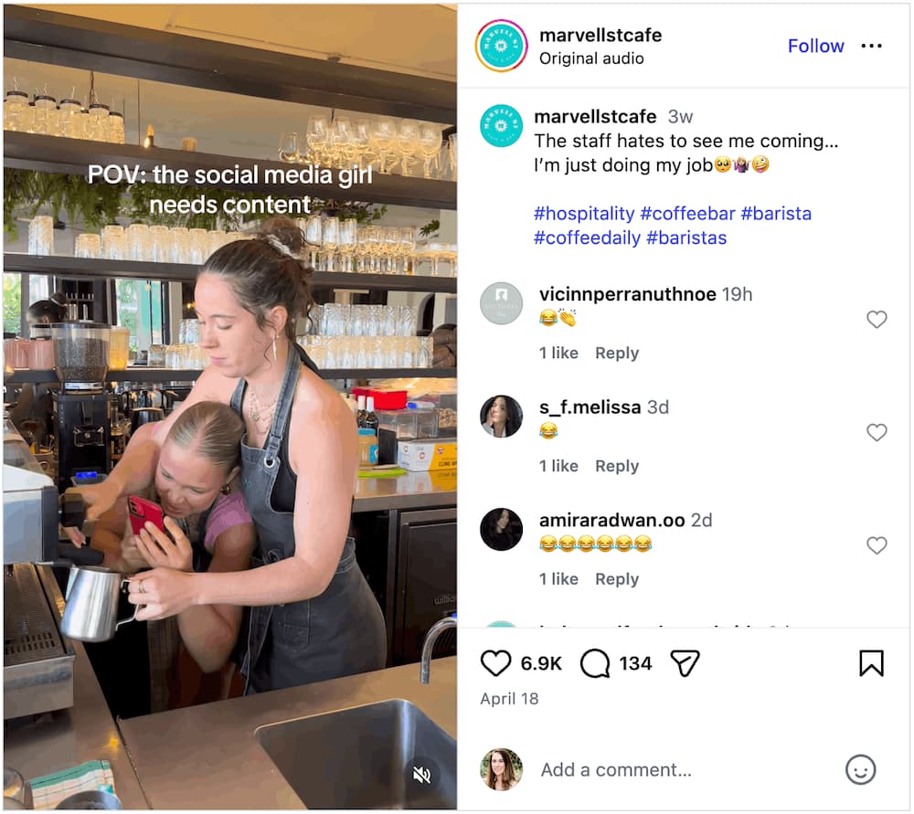 A screenshot of an Instagram Reel where the social media manager needs to film content.