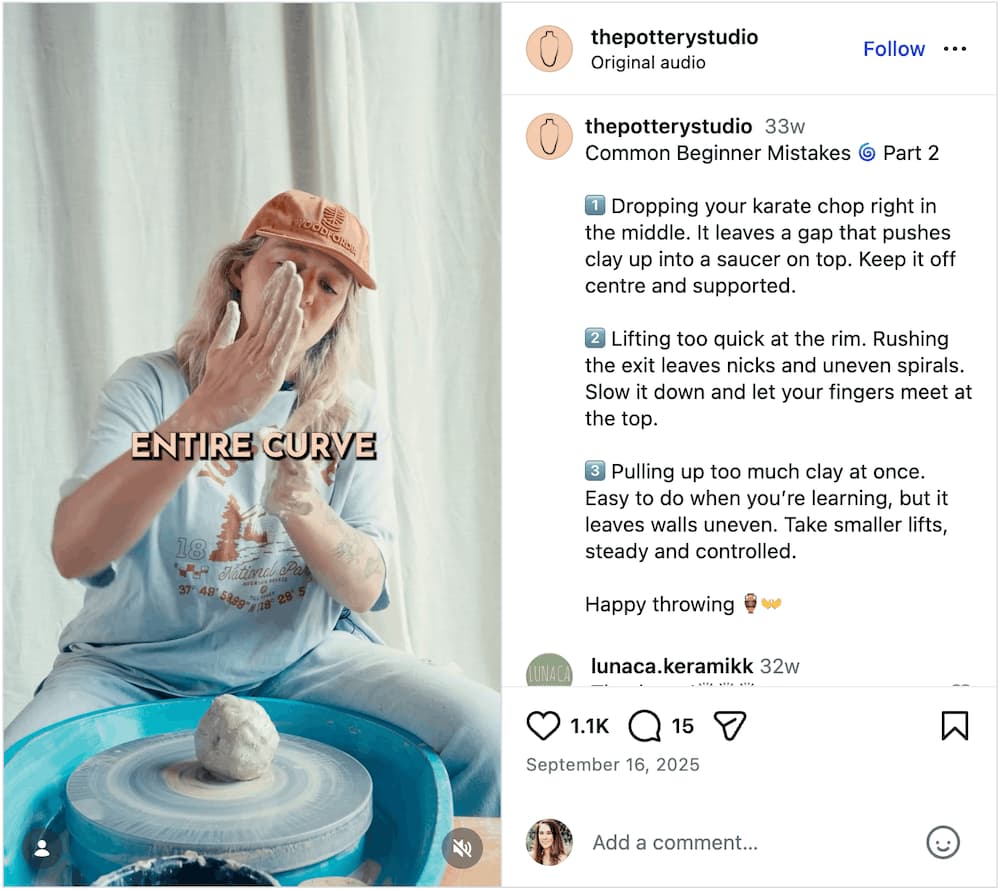 A screenshot of an Instagram Reel from a pottery studio sharing 3 common mistakes beginners make.