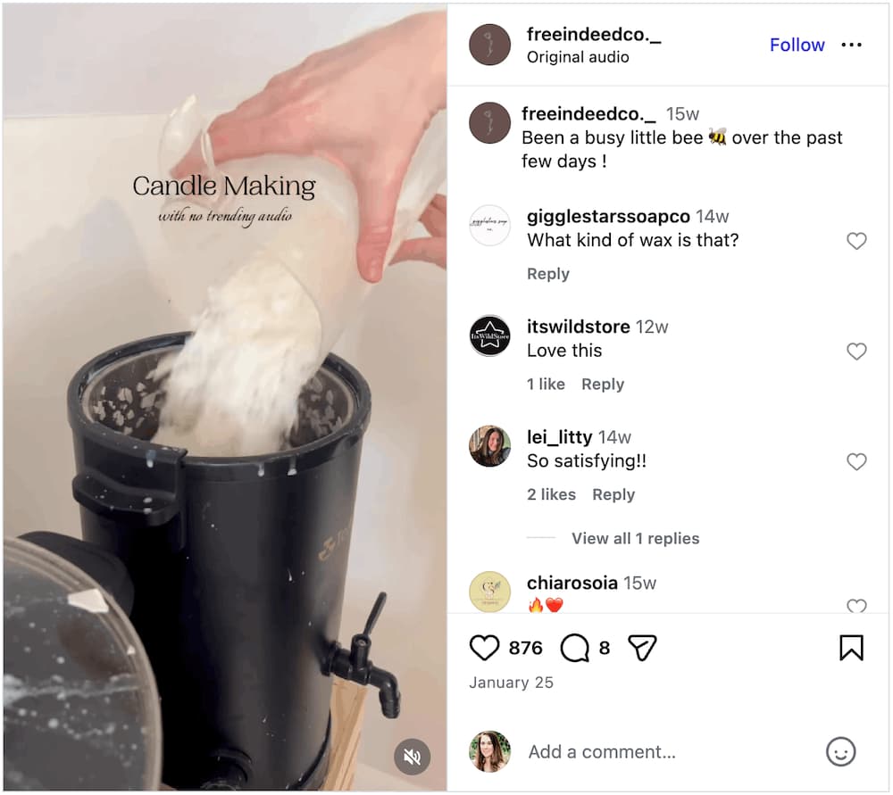 A screenshot of a behind-the-scenes candle-making Instagram Reel.