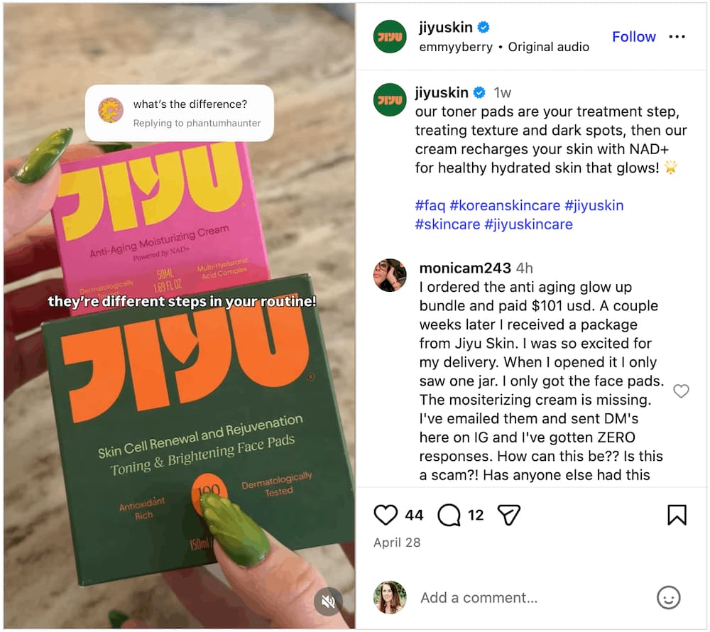 A screenshot of an Instagram Reel answering an FAQ.