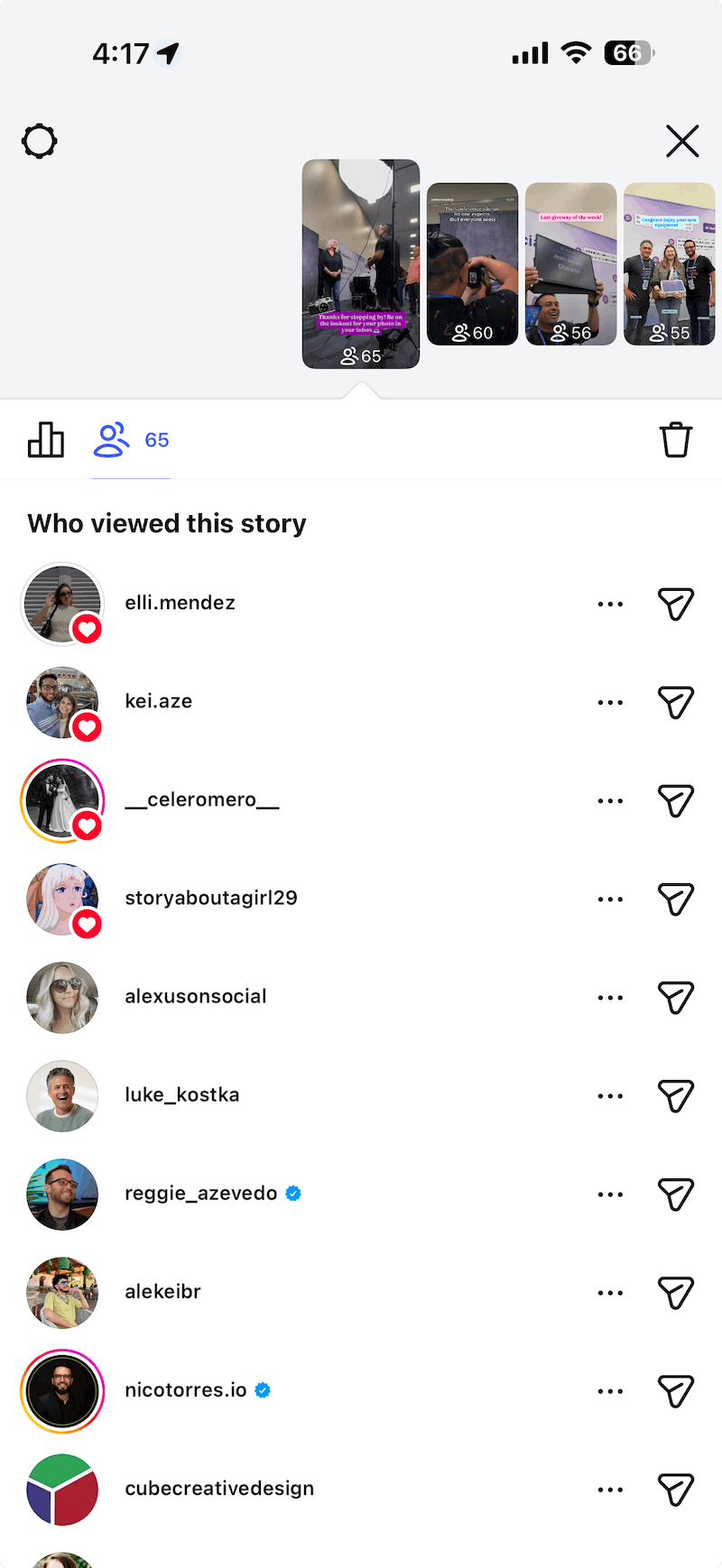 A screenshot of the Instagram story viewer list from inside the Instagram app.