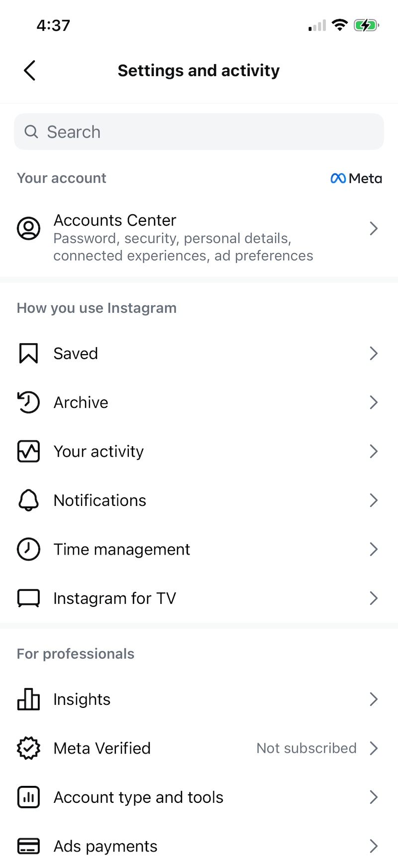 A screenshot of the Instagram profile settings menu.