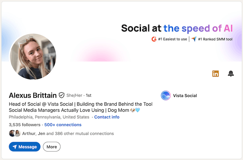 A screenshot of a LinkedIn headline example from Alexus Brittain.