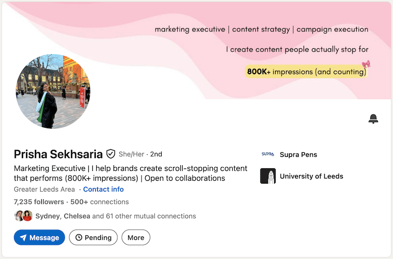 A screenshot of a LinkedIn headline example from Prisha Sekhsaria.