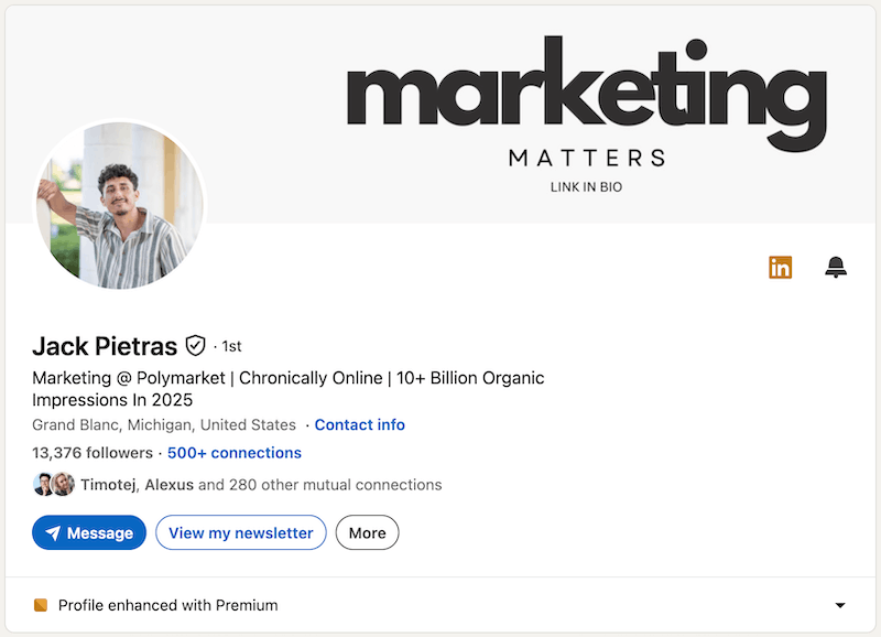 A screenshot of a LinkedIn headline example from Jack Pietras.
