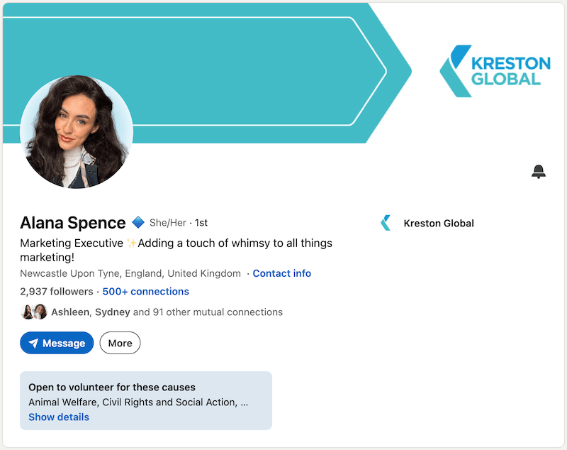 A screenshot of a LinkedIn headline example from Alana Spence.