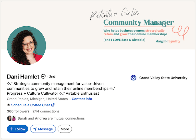 A screenshot of a LinkedIn headline example from Dani Hamlet.