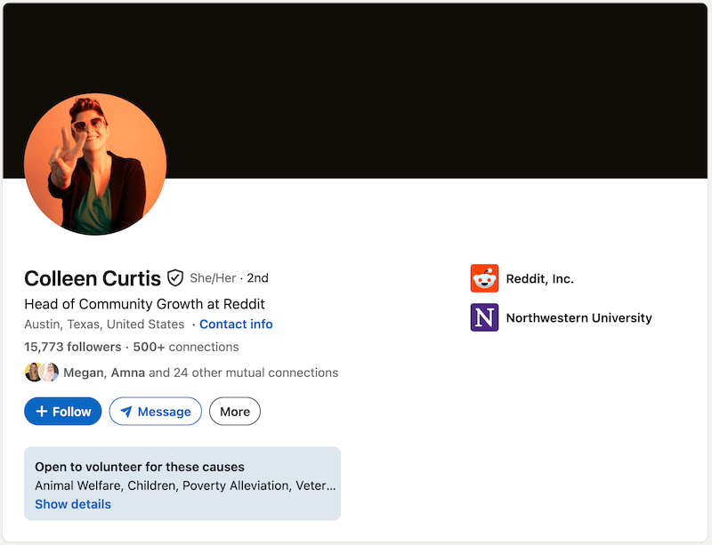 A screenshot of a LinkedIn headline example from Colleen Curtis.