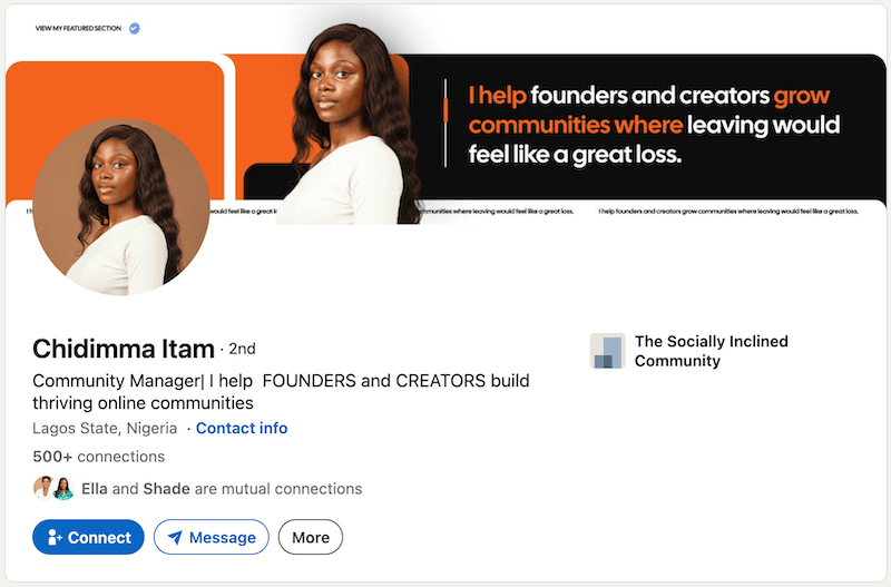 A screenshot of a LinkedIn headline example from Chidimma Itam.