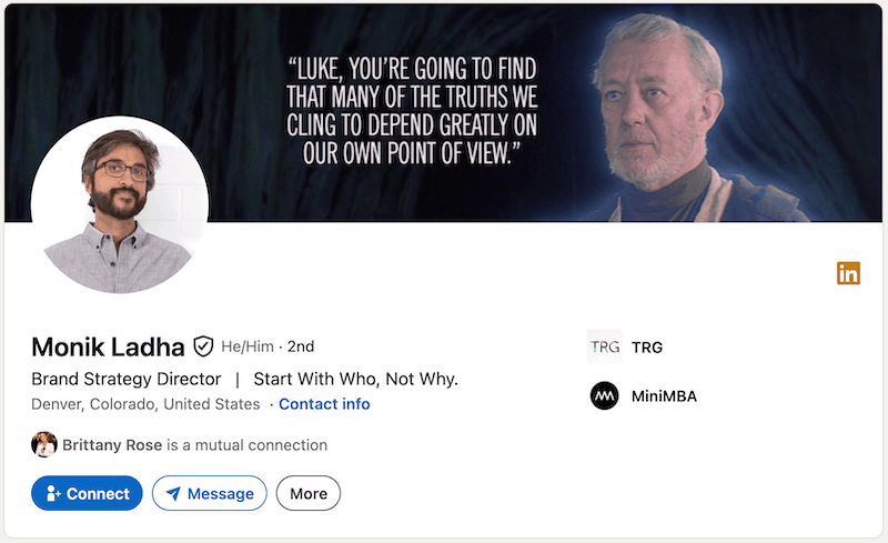 A screenshot of a LinkedIn headline example from Monik Ladha.