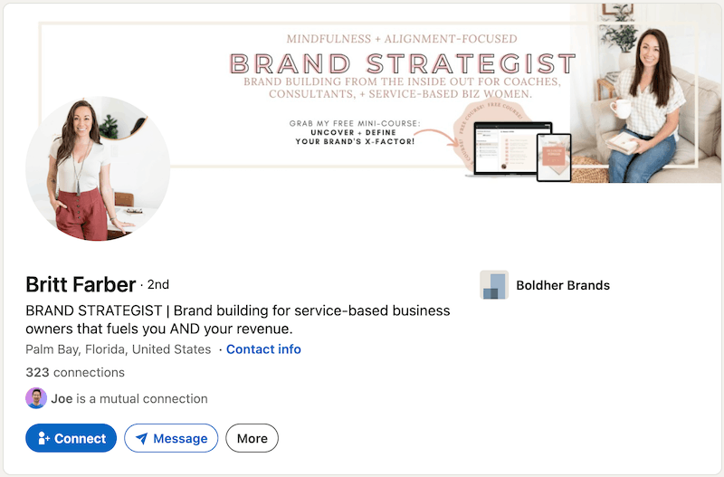 A screenshot of a LinkedIn headline example from Britt Farber.