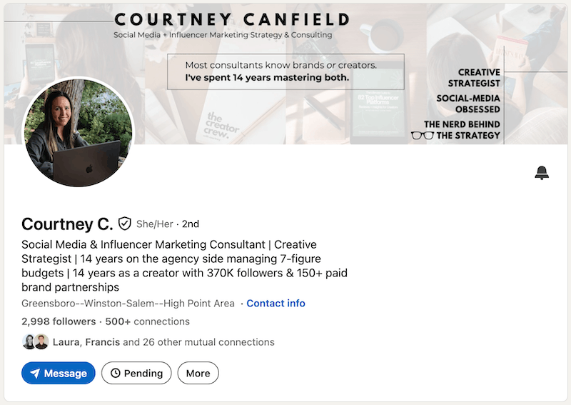 A screenshot of a LinkedIn headline example from Courtney Canfield.