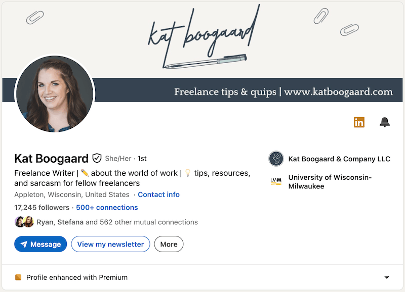 A screenshot of a LinkedIn headline example from Kat Boogaard.