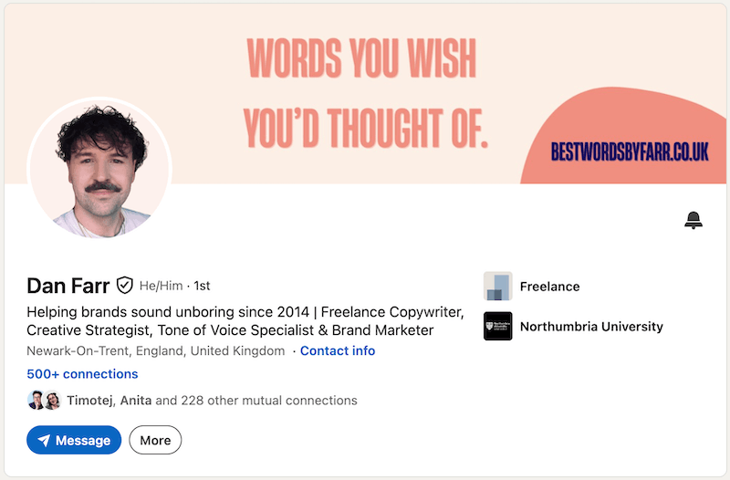 A screenshot of a LinkedIn headline example from Dan Farr.
