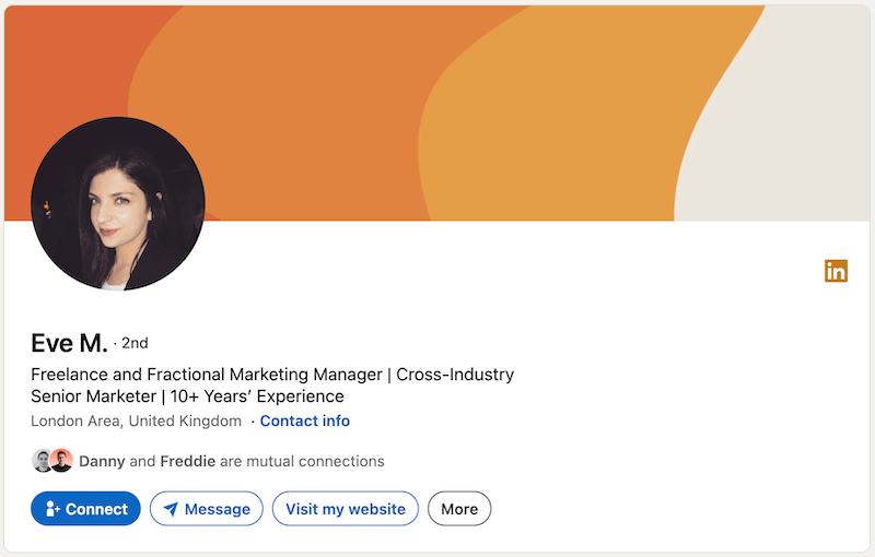 A screenshot of a LinkedIn headline example from Eve M.