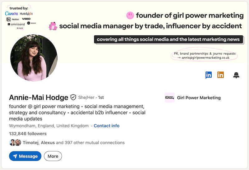 A screenshot of a LinkedIn headline example from Annie-Mai Hodge.