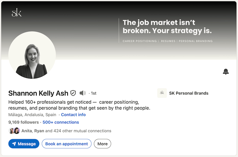 A screenshot of a LinkedIn headline example from Shannon Kelly Ash.