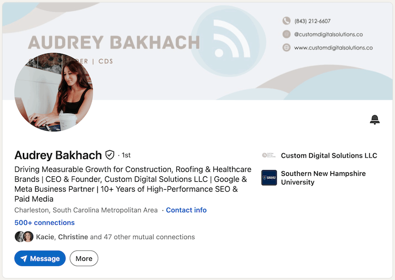 A screenshot of a LinkedIn headline example from Audrey Bakhach.