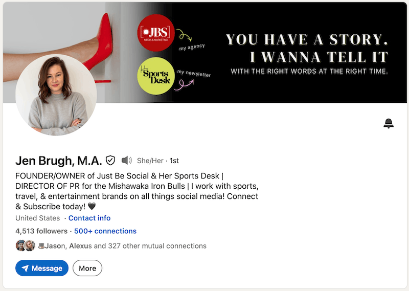 A screenshot of a LinkedIn headline example from Jen Brugh.