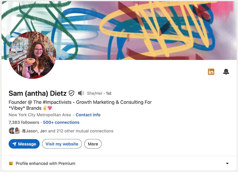 A screenshot of a LinkedIn headline example from Sam Dietz.