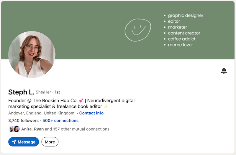 A screenshot of a LinkedIn headline example from Steph L.