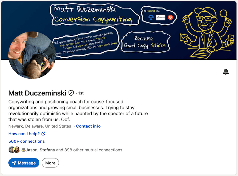 A screenshot of a LinkedIn headline example from Matt Duczeminski.