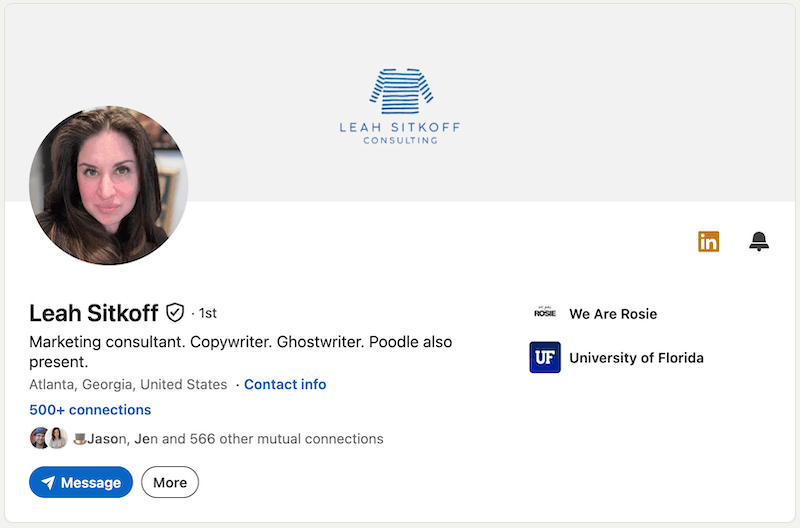 A screenshot of a LinkedIn headline example from Leah Sitkoff.