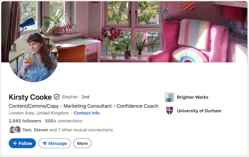 A screenshot of a LinkedIn headline example from Kirsty Cooke.