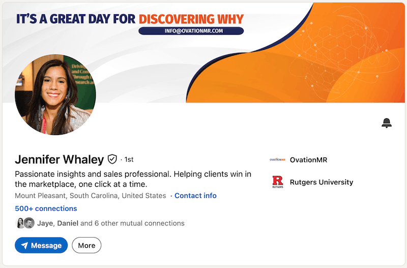 A screenshot of a LinkedIn headline example from Jennifer Whaley.