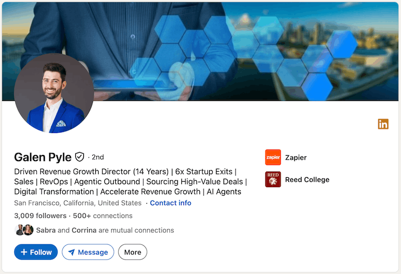 A screenshot of a LinkedIn headline example from Galen Pyle.