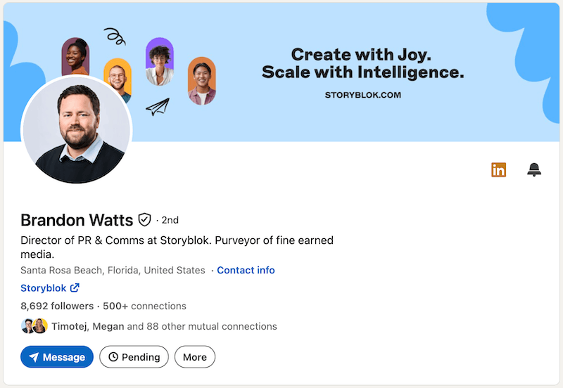 A screenshot of a LinkedIn headline example from Brandon Watts.