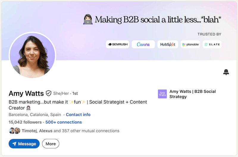 A screenshot of a LinkedIn headline example from Amy Watts.