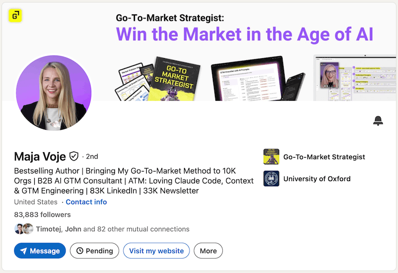 A screenshot of a LinkedIn headline example from Maja Voje.