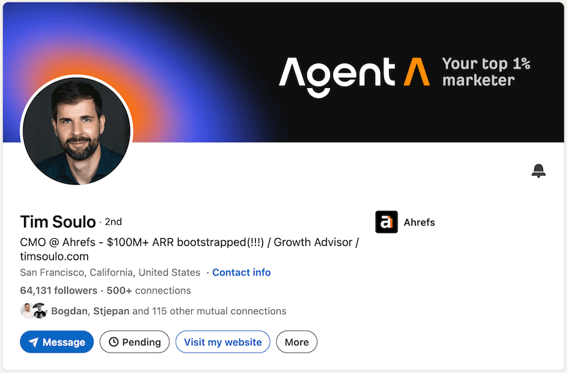 A screenshot of a LinkedIn headline example from Tim Soulo.