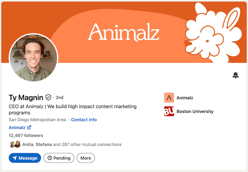 A screenshot of a LinkedIn headline example from Ty Magnin.