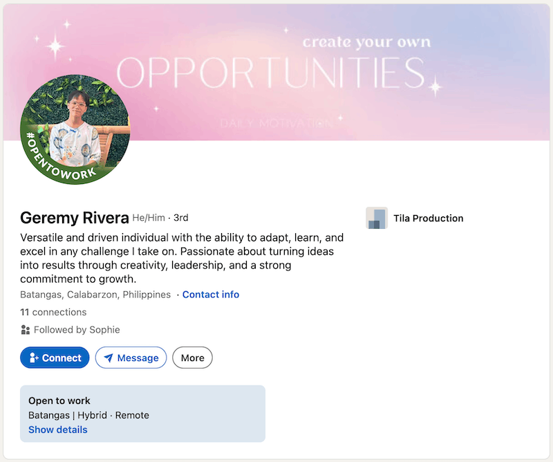 A screenshot of a LinkedIn headline example from Geremy Rivera.