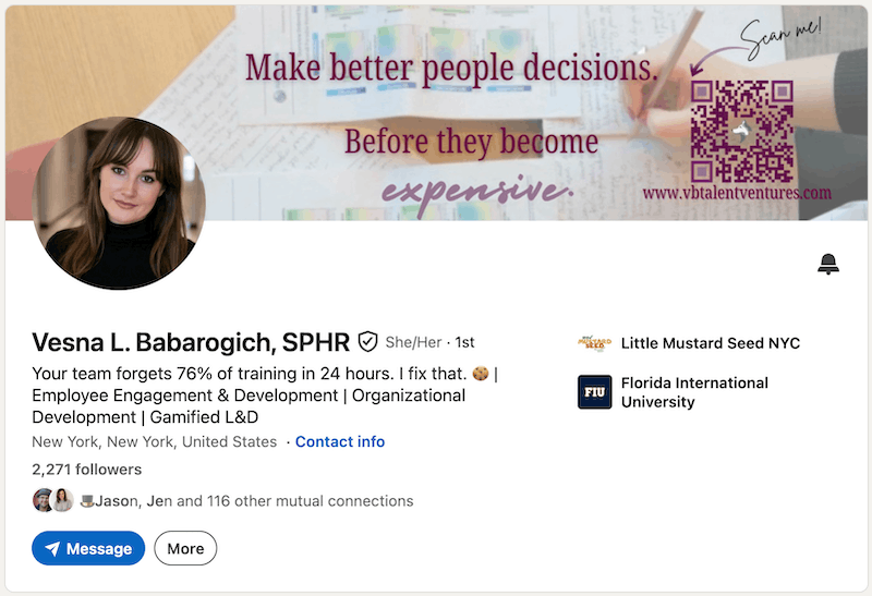 A screenshot of a LinkedIn headline example from Vesna L. Babarogich.