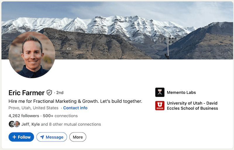 A screenshot of a LinkedIn headline example from Eric Farmer.
