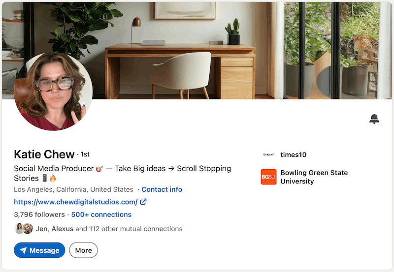 A screenshot of a LinkedIn headline example from Katie Chew.