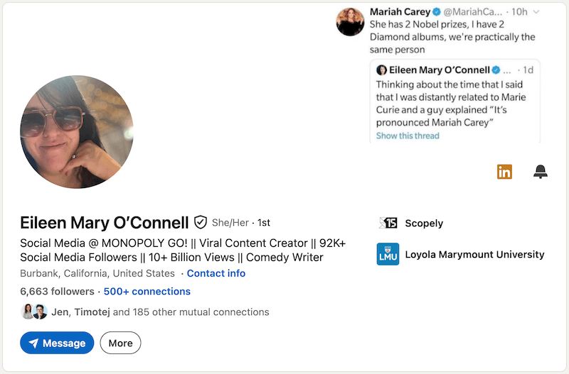 A screenshot of a LinkedIn headline example from Eileen Mary O'Connell.