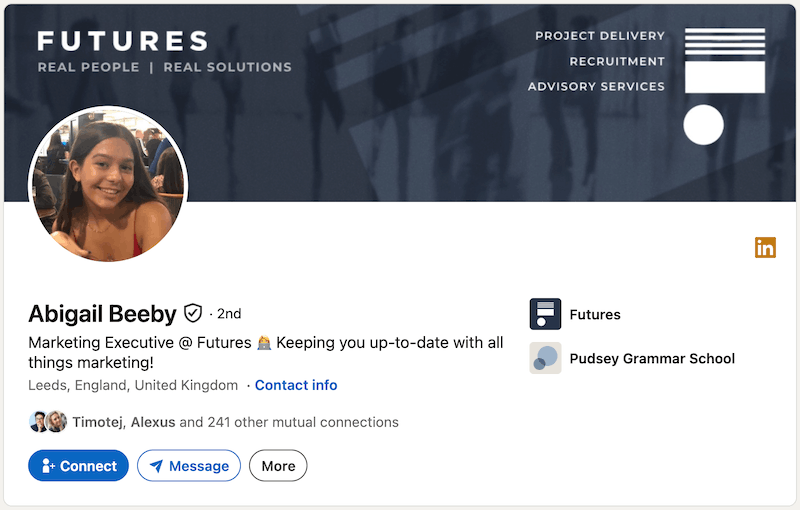 A screenshot of a LinkedIn headline example from Abigail Beeby.