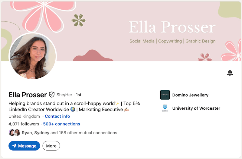 A screenshot of a LinkedIn headline example from Ella Prosser.