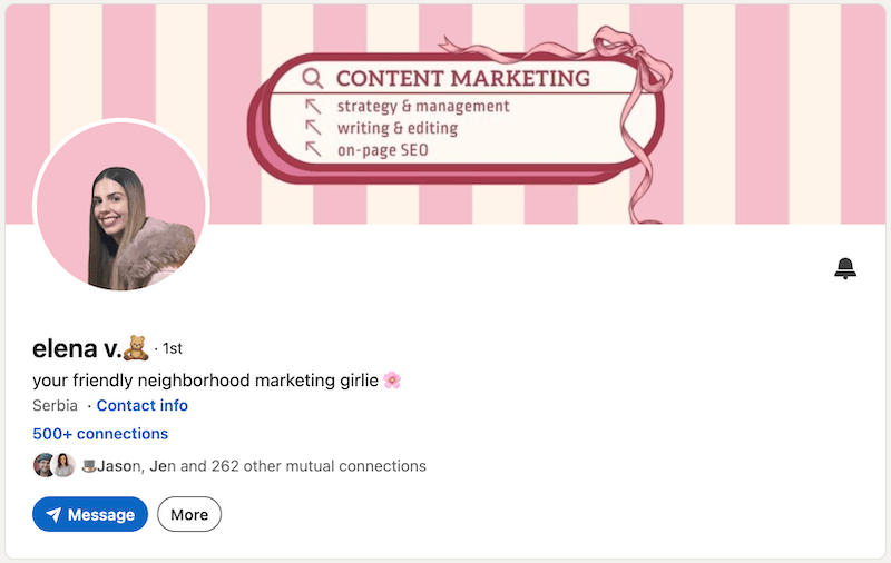 A screenshot of a LinkedIn headline example from Elena V.