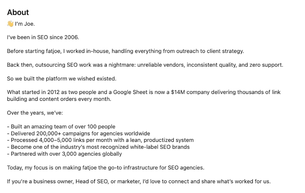 LinkedIn About section of Joe Davies showing fatjoe origin story and $14M company growth stats.
