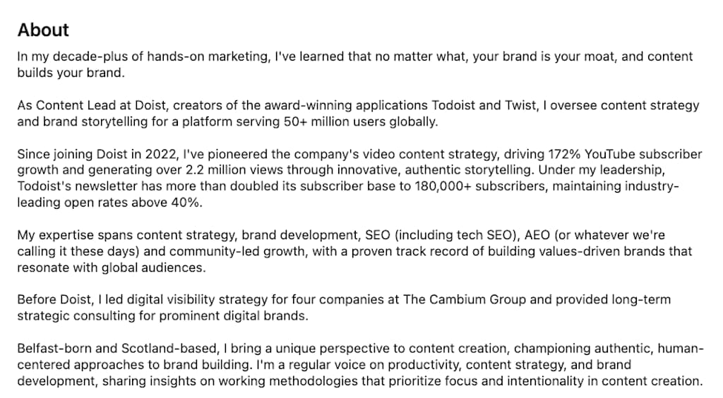 LinkedIn About section of Naomi Liddell showing 172% YouTube growth and 180K newsletter subscribers.