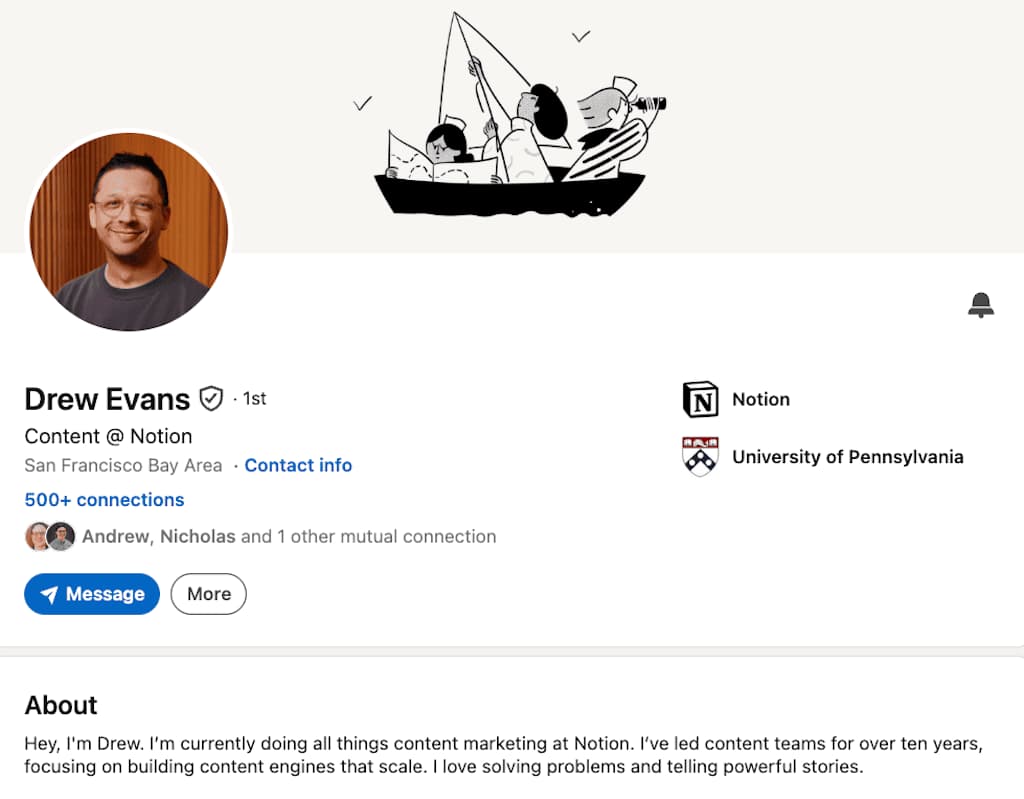 LinkedIn profile page of Drew Evans showing Content at Notion role and brief four-sentence summary.
