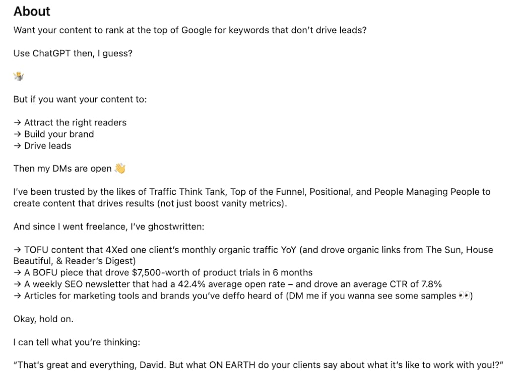 LinkedIn About section of David Broderick opening with a pointed joke about ranking for low-intent keywords.
