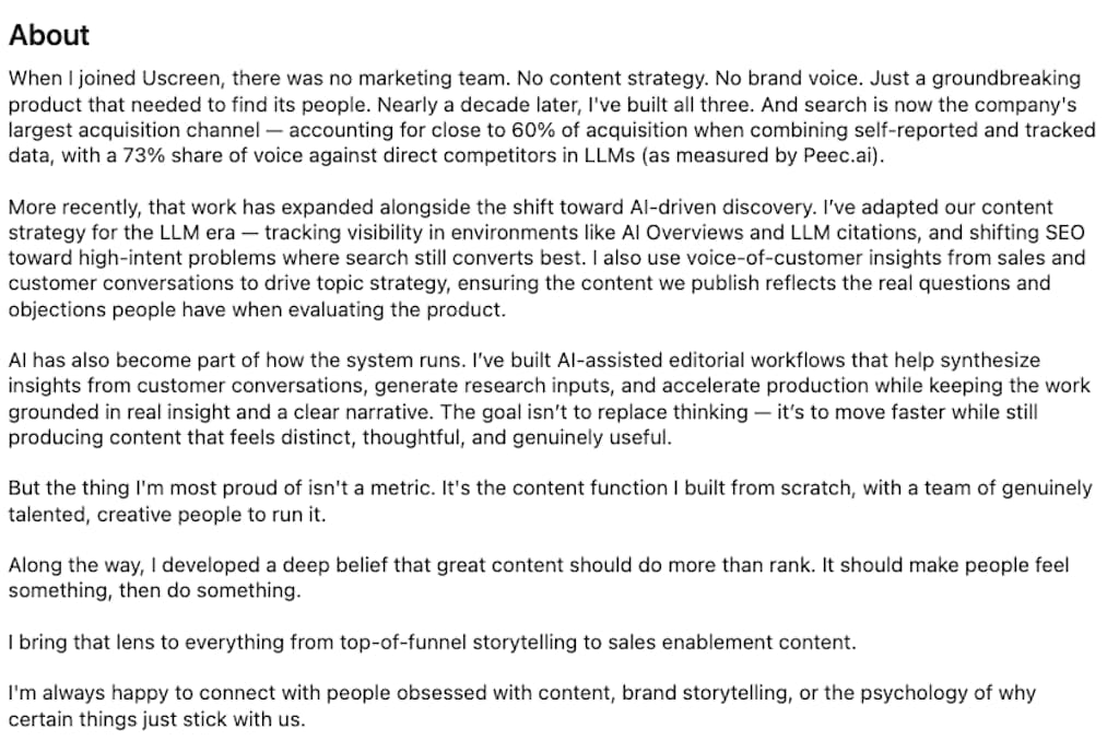 LinkedIn About section of Peri Elmokadem describing zero-to-one content build at Uscreen over a decade