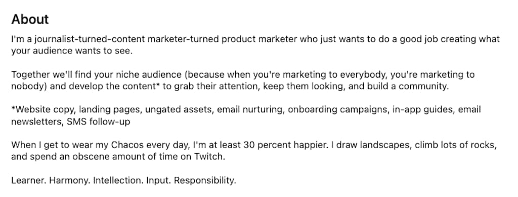 LinkedIn About section of Anna Wendt showing journalist-to-marketer pivot with Chacos personal detail.