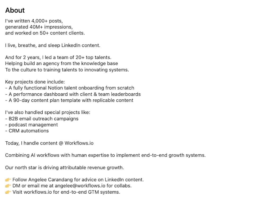 LinkedIn About section of Angelee Carandang showing 4000+ posts, 40M+ impressions, and 50+ clients
